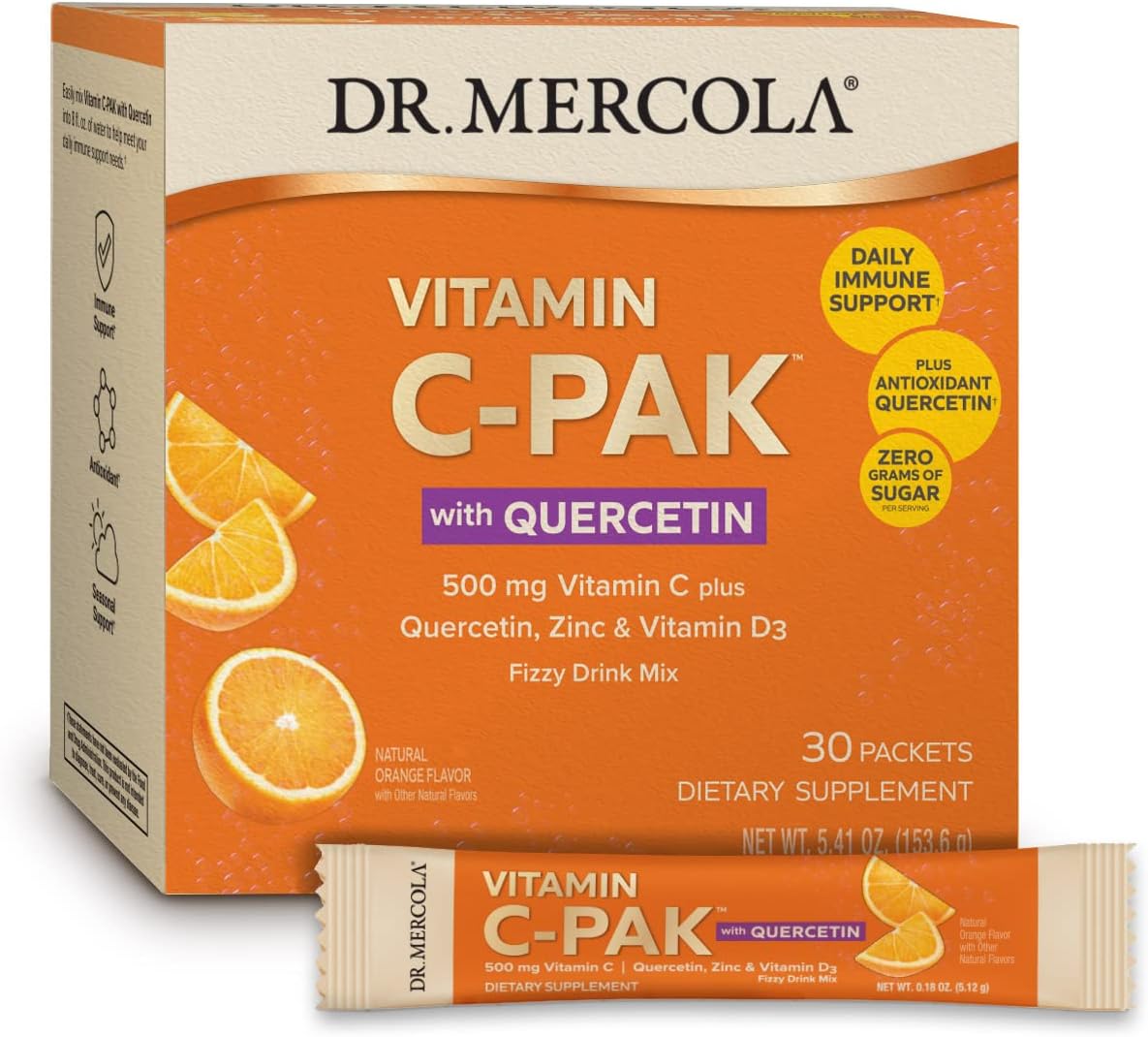 Dr. Mercola Vitamin C-Pak With Quercetin, 30 Servings (30 Packets), Fizzy Drink Mix, 500 Mg Vitamin C, Zinc & Vitamin D3, Orange Flavor, Dietary Supplement, Immune Support, Non-Gmo