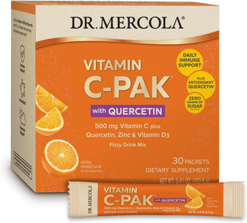 Dr. Mercola Vitamin C-Pak With Quercetin, 30 Servings (30 Packets), Fizzy Drink Mix, 500 Mg Vitamin C, Zinc & Vitamin D3, Orange Flavor, Dietary Supplement, Immune Support, Non-Gmo