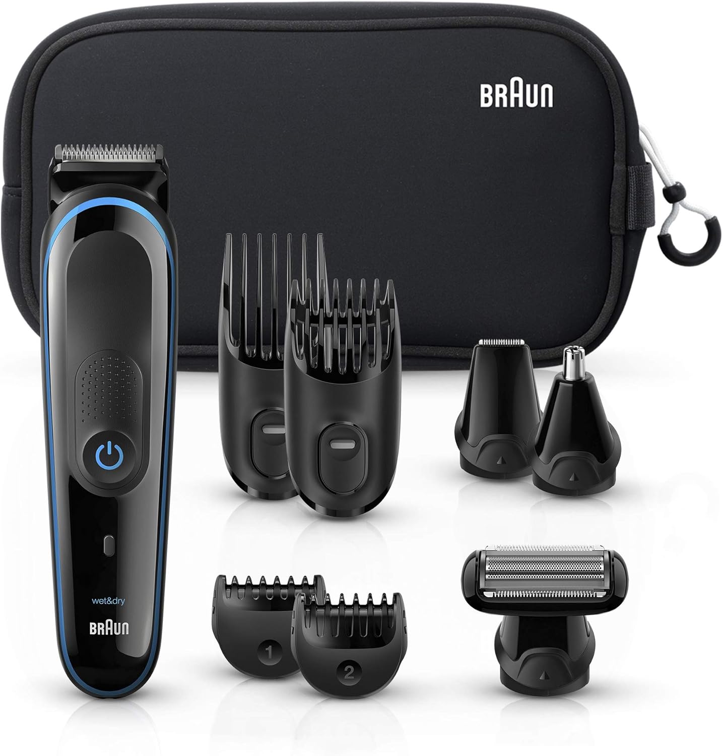 Braun Hair Clippers For Men, 9-In-1 Beard, Ear & Nose Trimmer, Body Grooming Kit, Cordless & Rechargeable With Gillette Proglide Razor, Black/Blue, 9 Piece Set