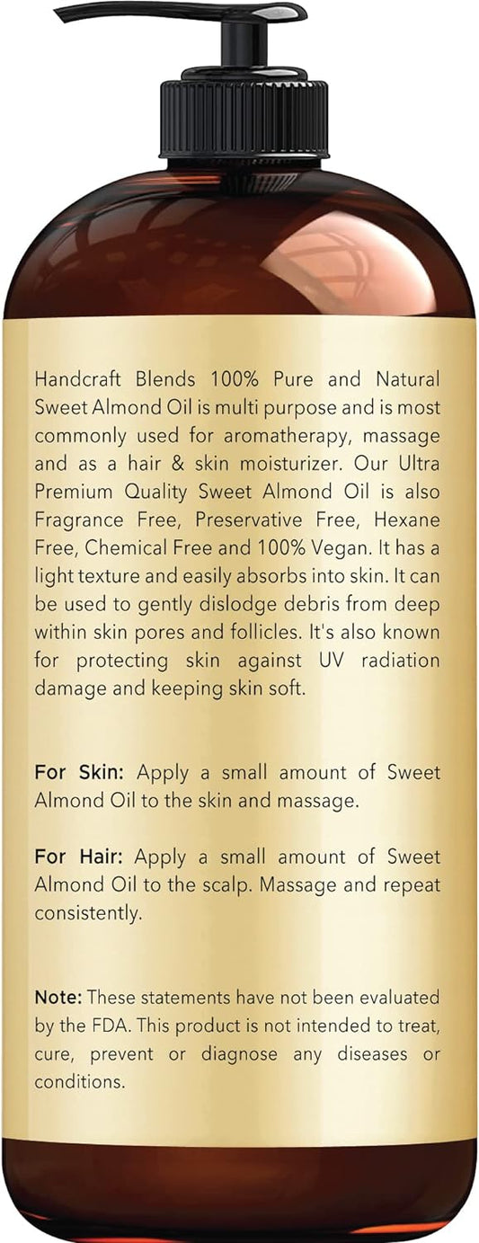 Handcraft Blends Sweet Almond Oil - 16 Fl Oz - 100% Pure And Natural - Premium Grade Oil For Skin And Hair - Carrier Oil - Hair And Body Oil - Massage Oil - Hexane-Free