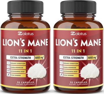 5X Potency 2 Packs 90 Capsules Lions Mane Mushroom Supplement, 5050Mg, 6 Month Supply With Cordeyceps, Reishi, Ashwagandha, Focus, Memory And Brain Support Supplement, Immune Support, Energy Pills