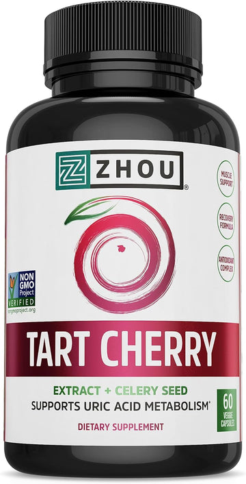 Zhou Tart Cherry Extract With Celery Seed | Advanced Uric Acid Cleanse For Joint Comfort, Healthy Sleep Cycles & Muscle Recovery | 30 Servings, 60 Veggie Caps