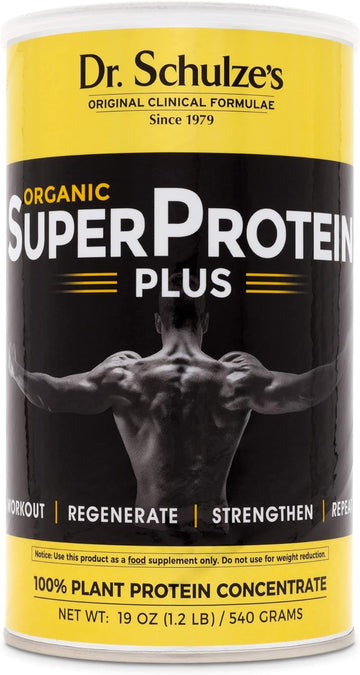 Dr. Schulze's | SuperProtein Plus | 100% Plant Protein Concentrate | Organic Powder Mix | Vitamin B-12 & Spirulina | Dietary Supplement | Build Strong Muscle | Enhance Workout Recovery | 19 Oz