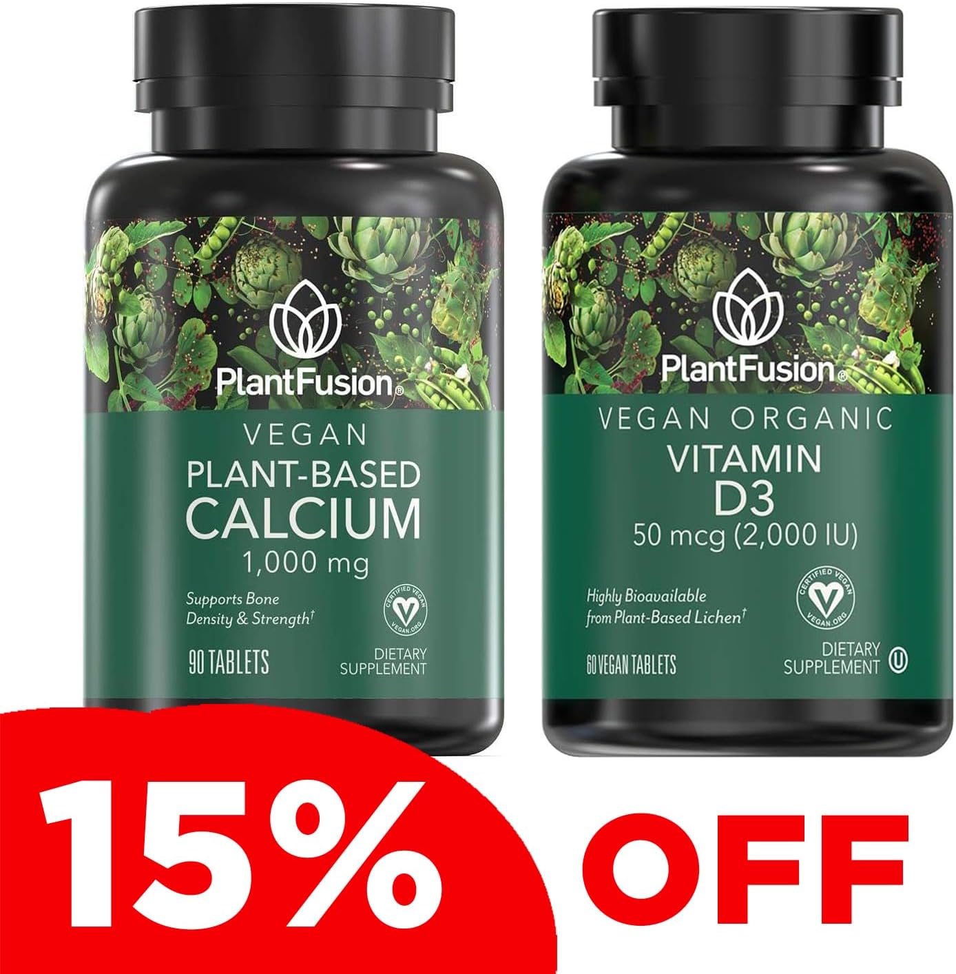 PlantFusion Vegan Calcium & D3 Bundle - Premium Plant Based Calcium 1000mg and D3 2000IU Supplements for Bone Growth, Density, and Strength & Immune Support