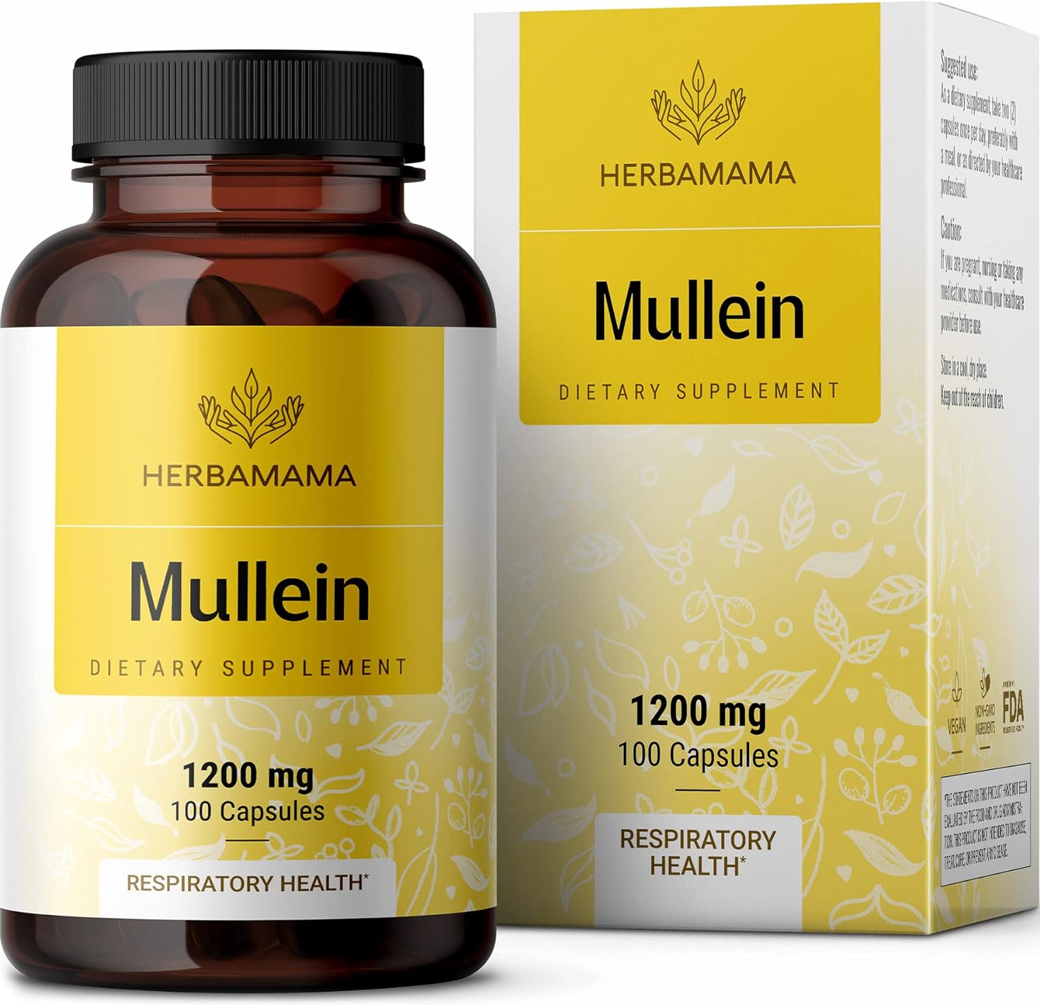 HERBAMAMA Mullein Leaf Capsules Respiratory Health - Organic Mullein Leaf Extract for Lung Detox, Cleanse - 1200mg 100 Vegan Caps