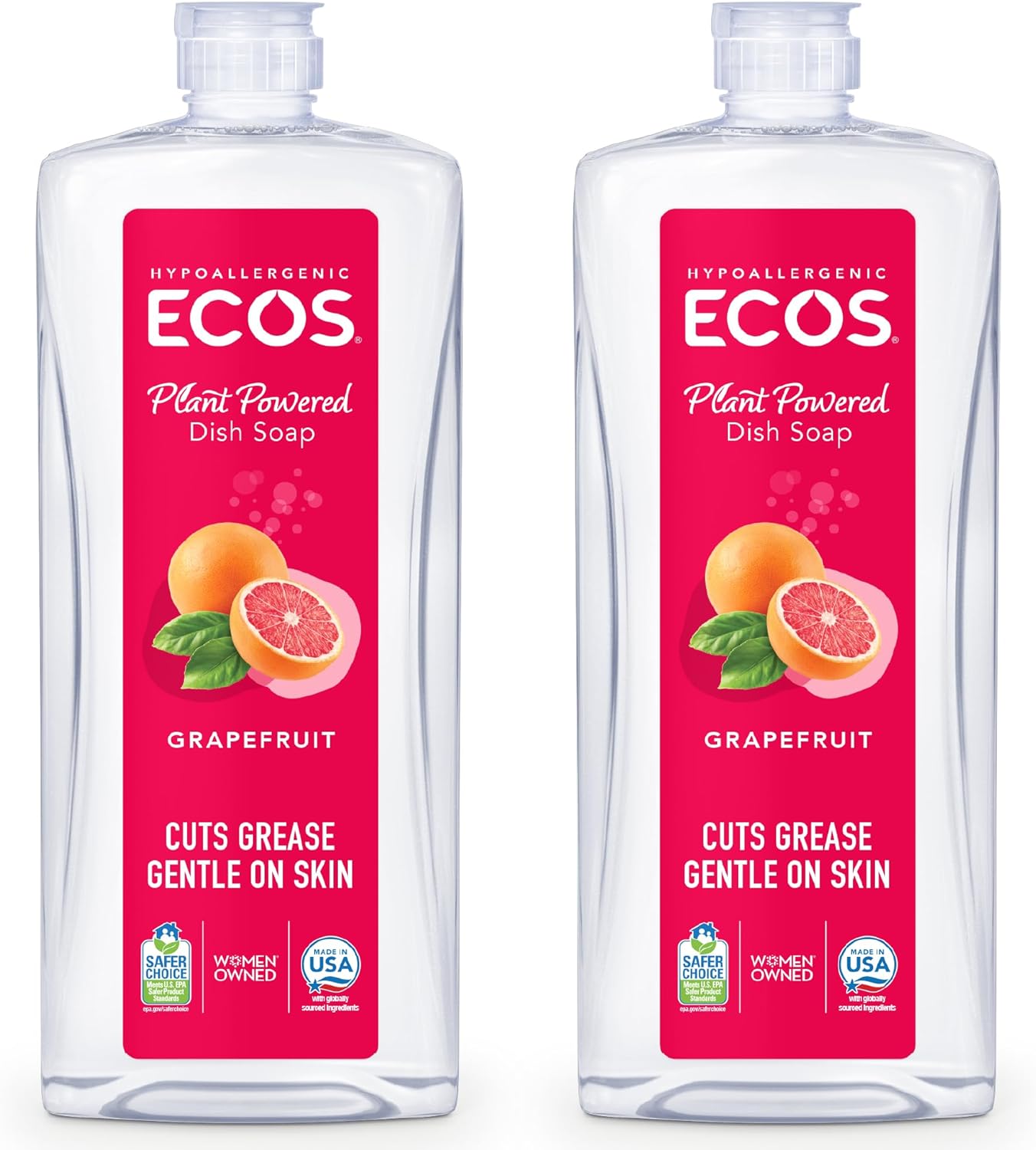ECOS Dish Soap - Cuts Grease & Food Residue No Harsh Chemicals Hypoallergenic for Sensitive Skin Biodegradable Formula, Recyclable Sustainable Liquid Dishwashing Grapefruit (Pack of 2)