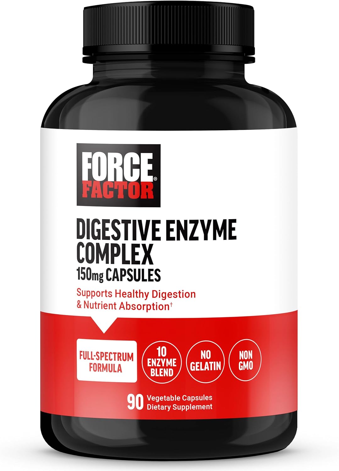 FORCE FACTOR Digestive Enzymes Complex to Support Digestive Health, Gut Health, and Provide Bloating Relief for Women and Men, Full-Spectrum 10 Digestive Enzymes, Non-GMO, 90 Capsules