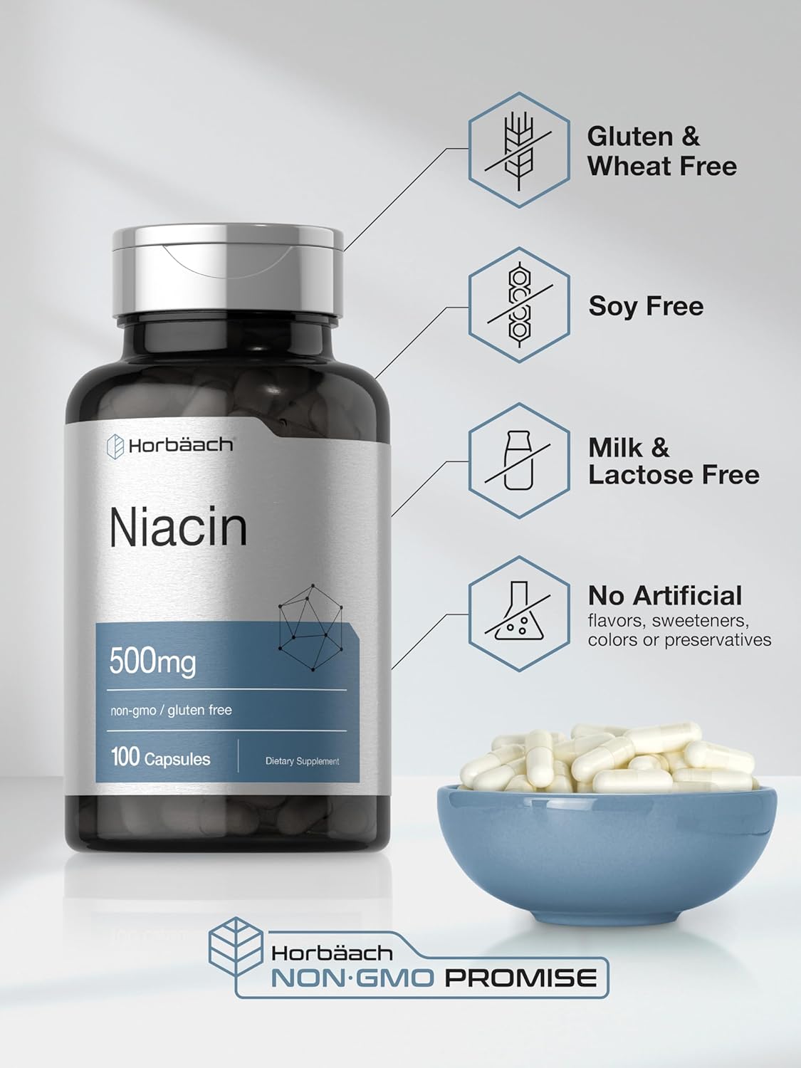 Horbäach Niacin | Vitamin B3 500mg | 100 Capsules | with Flushing | Non-GMO, and Gluten Free Supplement : Health & Household