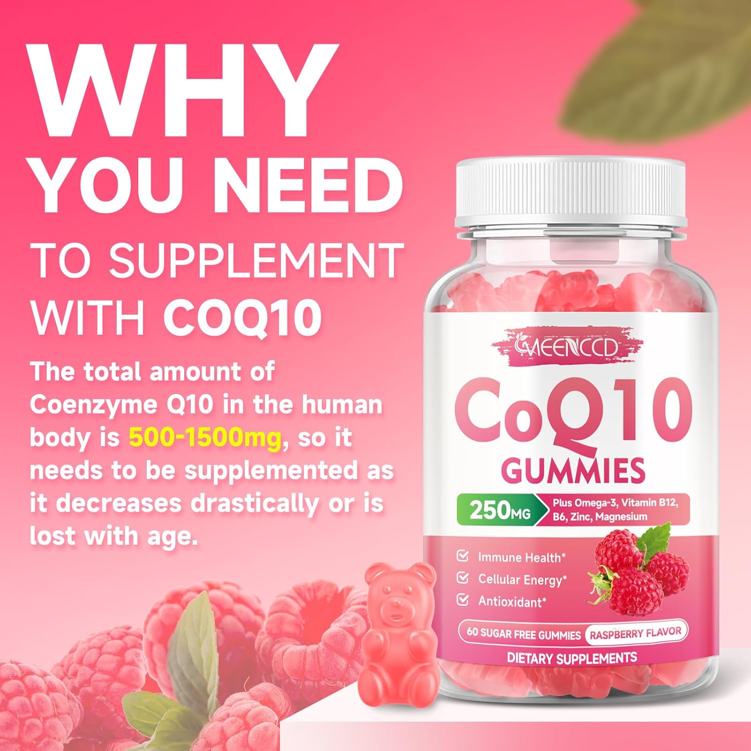 Sugar-Free Coq10 Gummies 250Mg, Coenzyme Q10 Supplements Plus Omega-3, Vitamin B6 & Zinc, High Absorption Coq10 Supplement For Cellular Energy & Antioxidant Support, Raspberry Flavor, Vegan 120Cts : Health & Household
