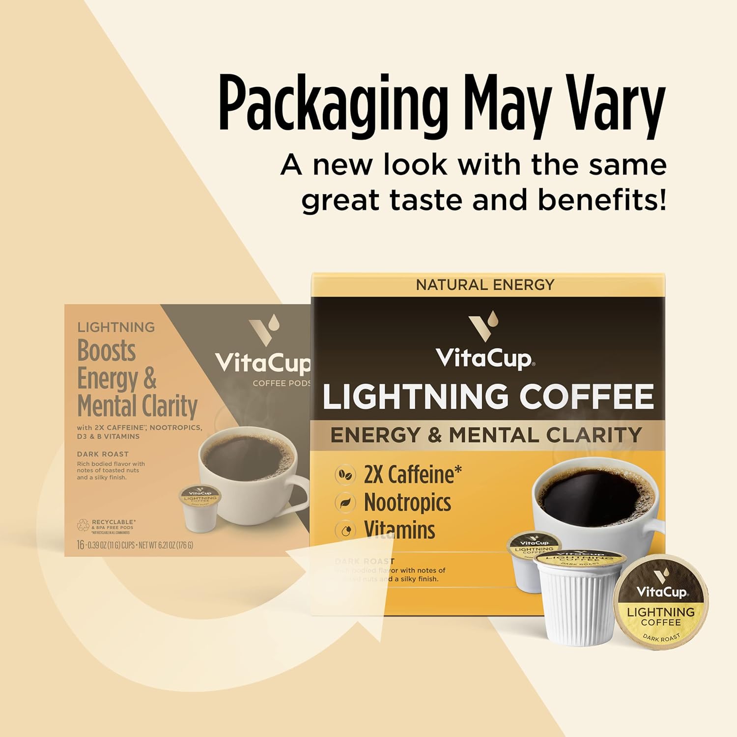 Vitacup Lightning Coffee Pods, Enhance Focus W/ 2X Caffeine, Green Coffee Bean, B Vitamins, D3, Strong Dark Roast Coffee, Single Serve Pod Compatible W/Keurig K-Cup Brewers, 64 Ct (4 Packs Of 16 Ct)