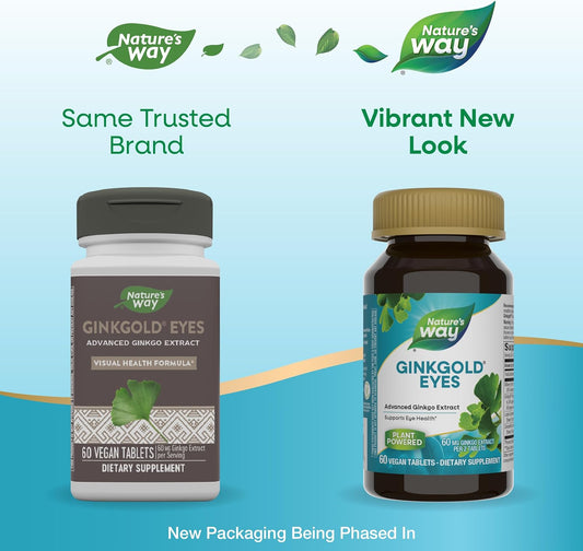 Nature's Way Ginkgold Eyes, Gingko Biloba Supplement for Adults, Supports Eye Health*, Gluten Free, 60mg Ginkgo Biloba Extract Per 2- Tablet Serving, 60 Tablets (Packaging May Vary)