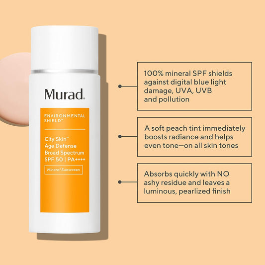 Murad Environmental Shield City Skin Age Defense Broad Spectrum Spf 50-100% Mineral Sunscreen - Blue Light Defense - Spf 50 Environmental Defense Sunscreen - Light Sunscreen For Face