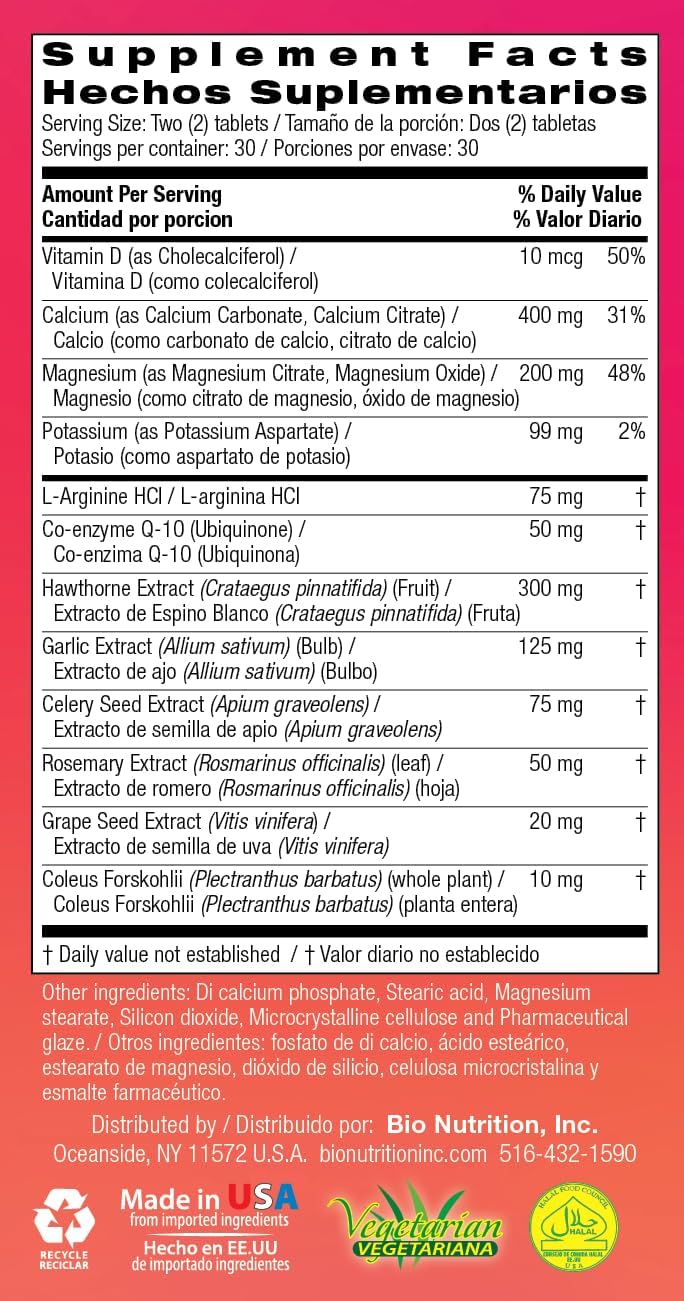 Bio Nutrition Blood Pressure Wellness 60 Tablets | Multi-Nutrient Formula | Vitamin D | 400Mg Calcium | Magnesium | 30 Servings Per Bottle