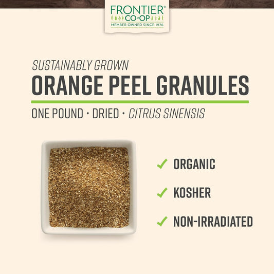 Frontier Organic Orange Peel Granules, 1-Pound Bulk, Citrusy Sweet Scent, Tangy Sharp Taste For Marinades Rubs & Sweet Treats