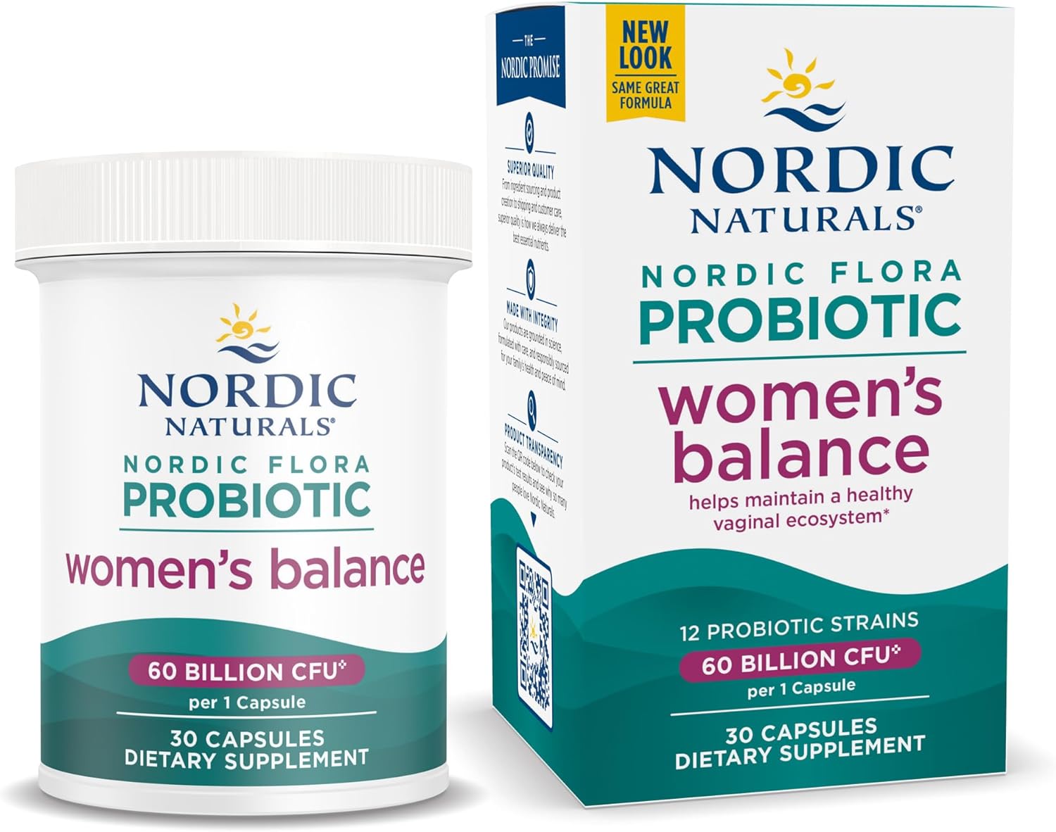 Nordic Naturals Nordic Flora Probiotic Women's Balance - 30 Capsules - 12 Probiotic Strains with 60 Billion Cultures - Intestinal Support, Vaginal Health - Vegan - 30 Servings