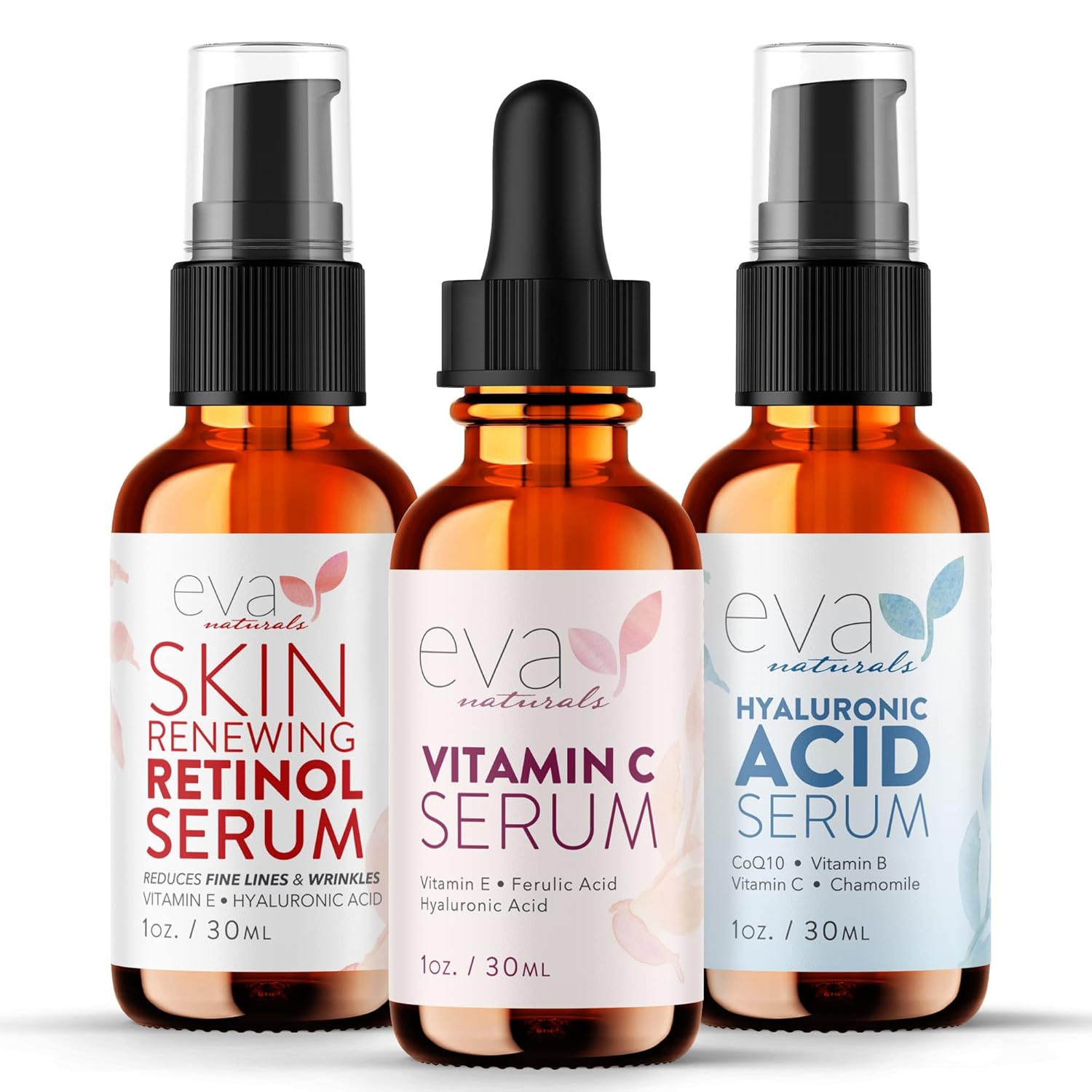 Eva Naturals Anti-Aging Serum Bundle - Vitamin C, Hyaluronic Acid, And Retinol | Face Serum Set For Skin Brightening, Hydration