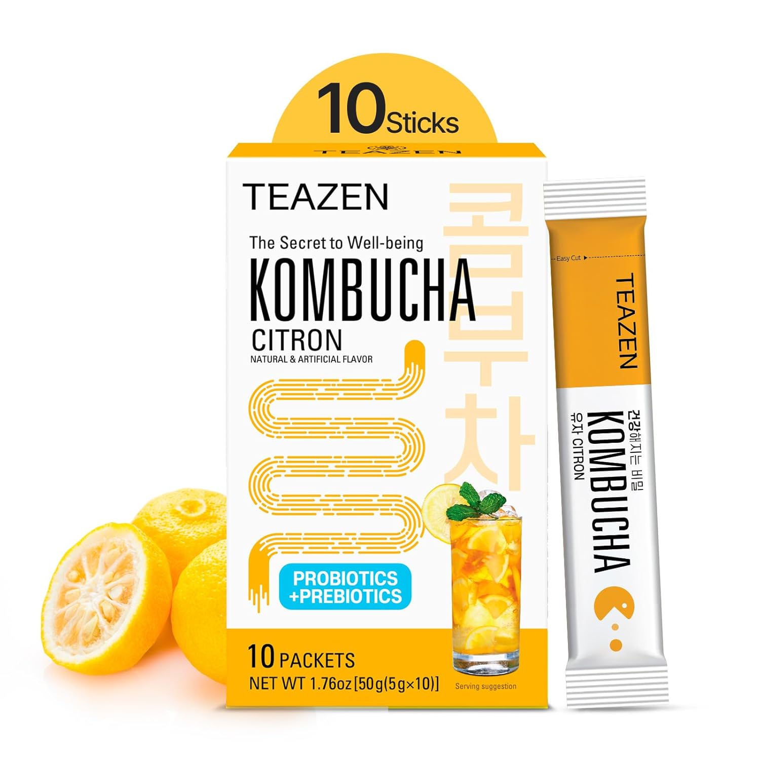 Teazen Citron Kombucha Tea, Hydration Drink Mix, Sugar Free, Live Probiotics & Prebiotics, 10 Sticks, 1.76Oz