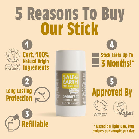 Salt Of The Earth Natural Deodorant Stick, Melon & Cucumber - Aluminium Free, Vegan, Long Lasting Protection, Refillable, Leaping Bunny Approved, Made In The Uk - 84G, (Pack Of 1)