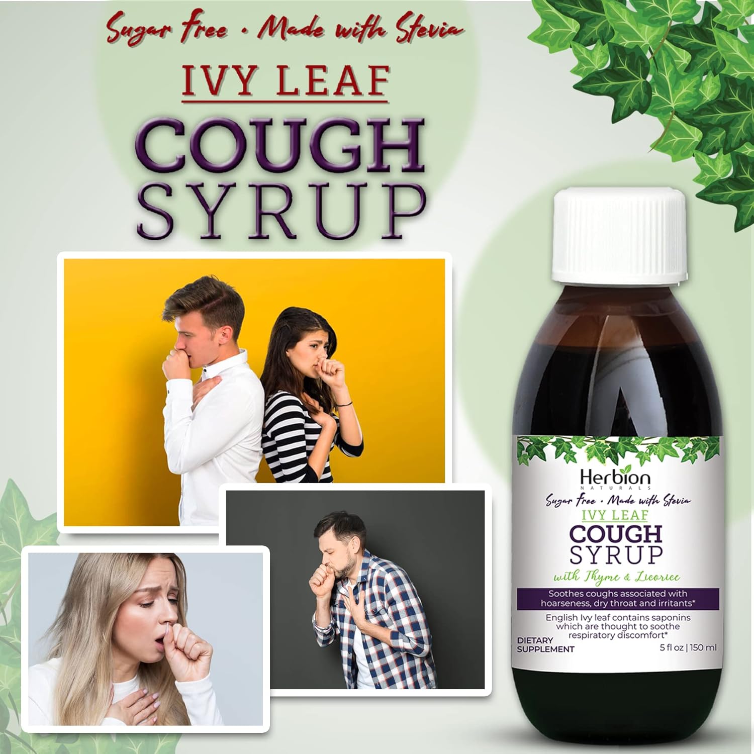 Herbion Naturals Ivy Leaf Cough Syrup With Thyme And Licorice, 5 Fl Oz, Soothes Throat And Relieves Respiratory Discomfort, For Adults, Kids 13 Months And Above, Alcohol Free, Sugar Free With Stevia : Health & Household