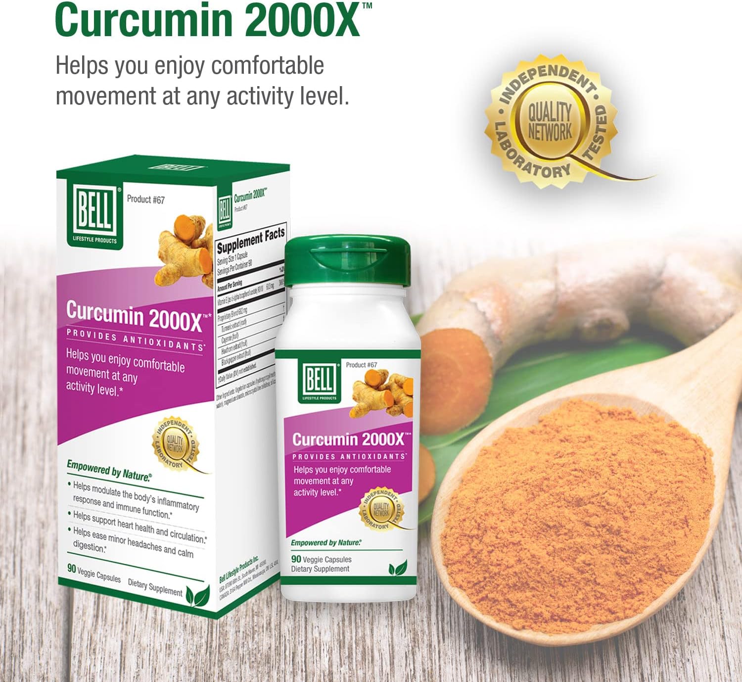 Bell Curcumin 2000X - Recommended for Comfortable Movement - Turmeric Capsules | 90 Capsules : Health & Household