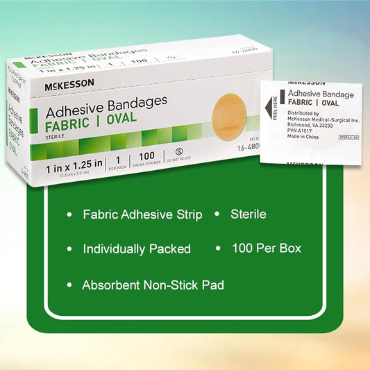 Mckesson Adhesive Bandages, Sterile, Fabric Oval, 1 In X 1 1/4 In, 100 Count, 1 Pack