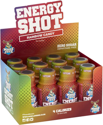 Muscle Moose – Moose Juice Energy Shots | Caffeine Drink, Bcaa & B Vitamins, Zero Sugar, Aspartame-Free, Rainbow Candy, 60Ml (12 Shots)