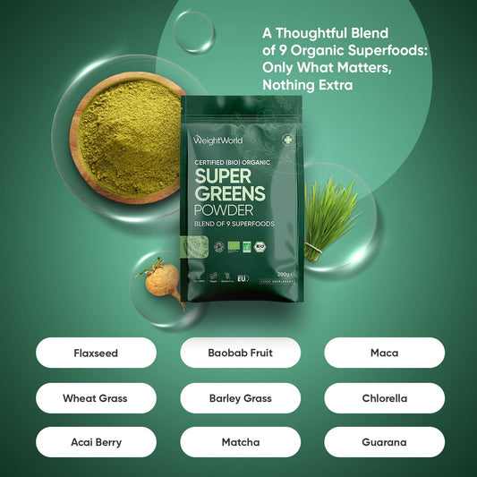 Organic Super Greens Powder - Soil Association Certified - Only Nutrient-Rich Superfoods Like Maca, Guarana & Chlorella - Vegan-Friendly, Soy-Free & Gluten-Free Greens And Superfood Powder Supplement