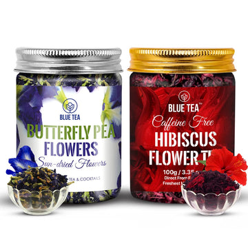 Blue Tea - Combo Pack- Butterfly Pea Flower Tea (1.76Oz) & Hibiscus Flower Tea (3.5Oz) | Detox Tea | Natural Ingredients - Flower Based - Herbal Tea - Vegan - Caffeine Free | Pet Jar Packaging