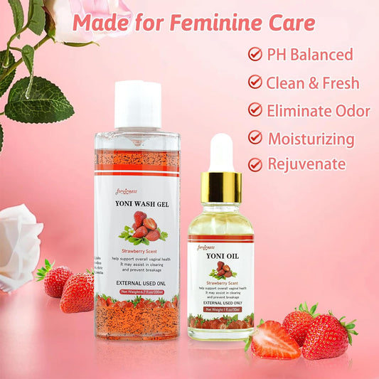 Natural Feminine Wash Yoni Wash Yoni Oil Set, Cleanse - Remove Odor - pH Balance for Women, 1 fl.oz Feminine Oil & 6.7 fl.oz Intimate Vaginal Wash with Cleaning Factor - Strawberry Scent