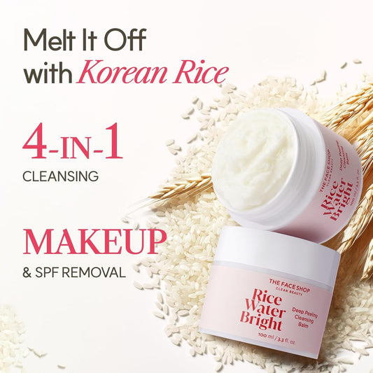 The Face Shop Rice Water Bright Cleansing Balm, Removes Makeup & Spf, 4-In-1 Makeup Remover, For All Skin Types, Korean Rice Extract, Lavender Oil, 100Ml / 3.3 Fl. Oz