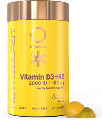 Nutriburst Vitamin D3 (2000Iu) + K2 (100µg) - Essential Nutrients To Support Bone Health, Skeletal & Immune Function - Vegan, Sugar Free Supplement - 60 Lemon Gummies - 1 Month Supply