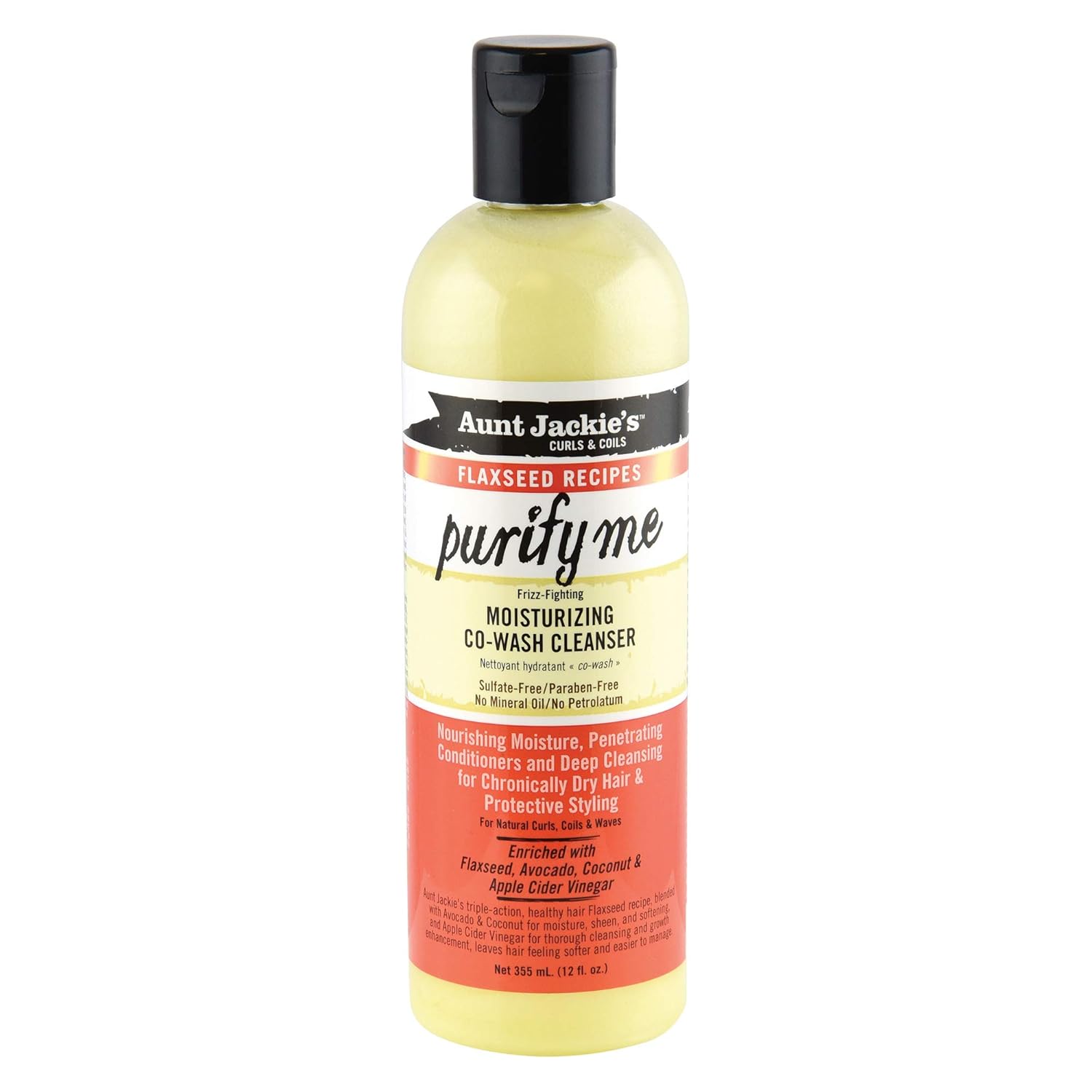 Aunt Jackie'S Flaxseed Recipes Purify Me Frizz-Fighting Moisturizing Co-Wash Hair Cleanser For Chronically Dry Hair And Protective Styling, 12 Fl Oz