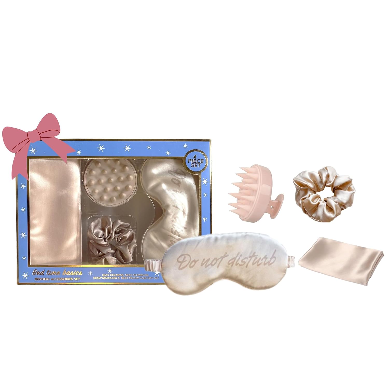 Holler & Glow Bedtime Basics Accessories Set, Limited Edition, Sleep Eye Mask, Silk Scrunchie, Hair Growth Scalp Massager, Satin Pillowcase, Beauty Sleep For Women & Mother’S, 4 Piece Gift Set