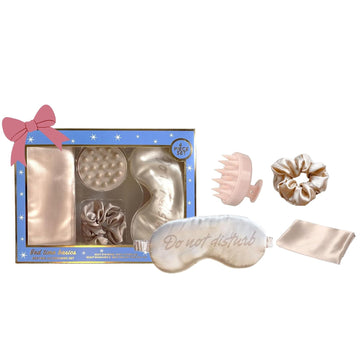 Holler & Glow Bedtime Basics Accessories Set, Limited Edition, Sleep Eye Mask, Silk Scrunchie, Hair Growth Scalp Massager, Satin Pillowcase, Beauty Sleep For Women & Mother’S, 4 Piece Gift Set