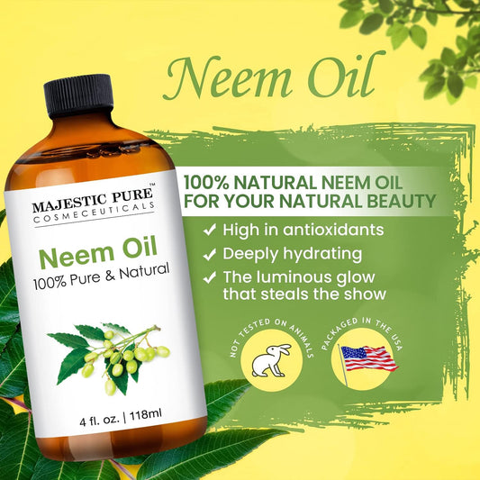 MAJESTIC PURE Neem Oil for Plants Spray and Essential Oils Mixing , 100% Pure Cold Pressed, Great for Skin / Hair Care, Massage Oil, Nails, Acne & Moisturizer for Dry Skin, 4 Fl Oz