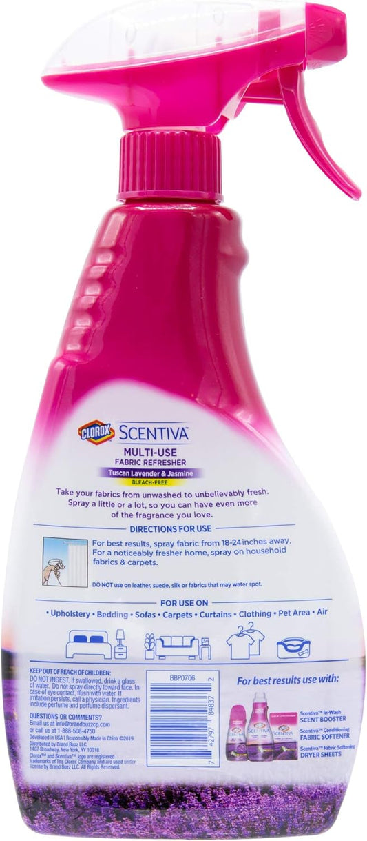 Clorox Scentiva Multi-Use Fabric Refresher Spray | Fabric Freshener for Closets, Upholstery, Curtains, and Carpets | Tuscan Lavender & Jasmine | 16.9 Ounces (Pack of 2)