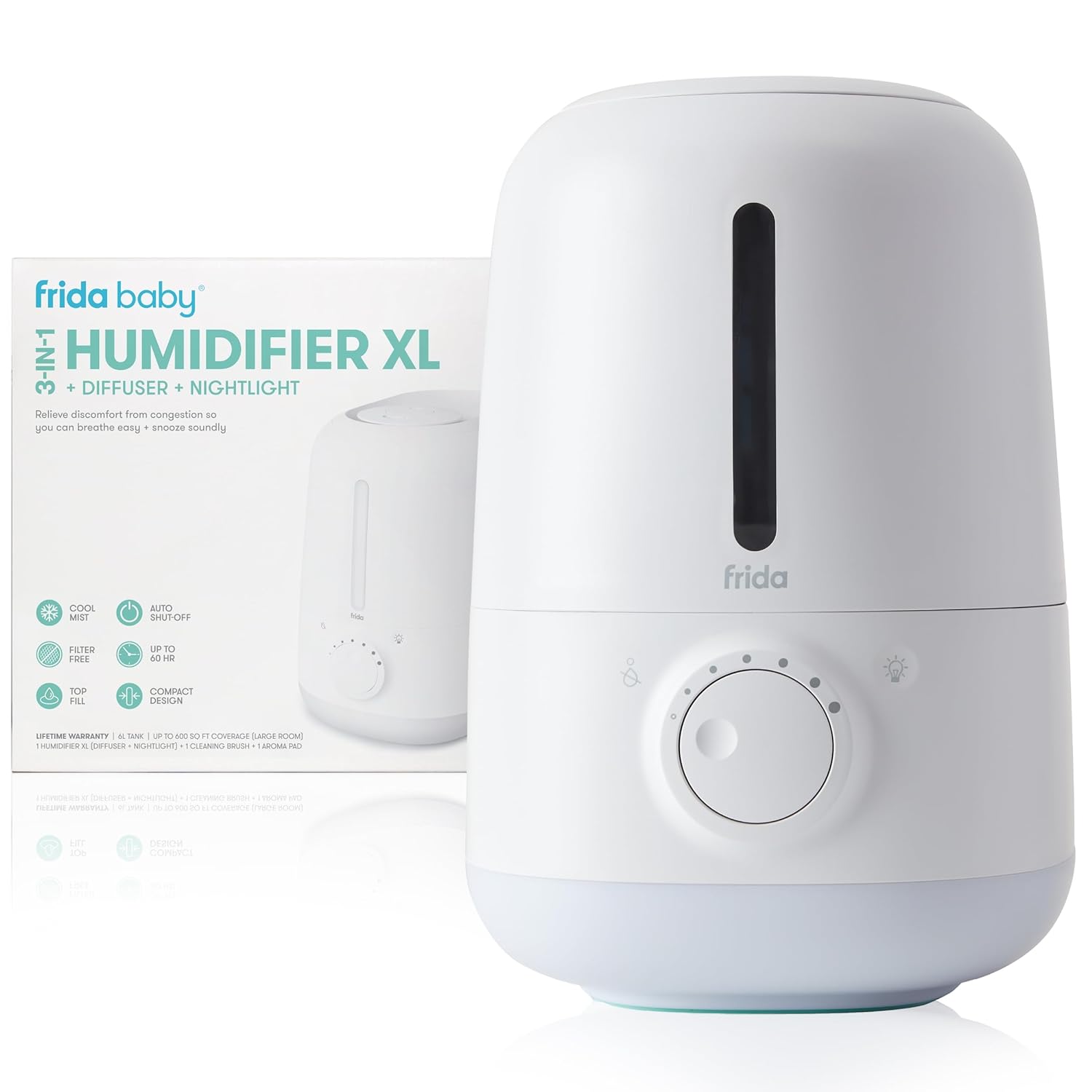 Frida Baby 3-In-1 Xl Top Fill Humidifiers For Bedroom, 6L Tank Cool Mist Humidifier For Large Rooms + Diffuser, Nightlight, Auto Shut-Off, Quiet, Carry Handle, Night Light, Essential Oil Diffuser
