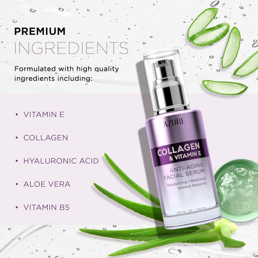 Azure Cosmetics Collagen & Vitamin E Serum For Face - Dermatologist Tested, Anti-Aging, Fine Lines & Wrinkle Treatment - Nourish Dull Skin - Lightweight, Vegan, Clean Beauty, Korean Skin Care - 1.69Oz