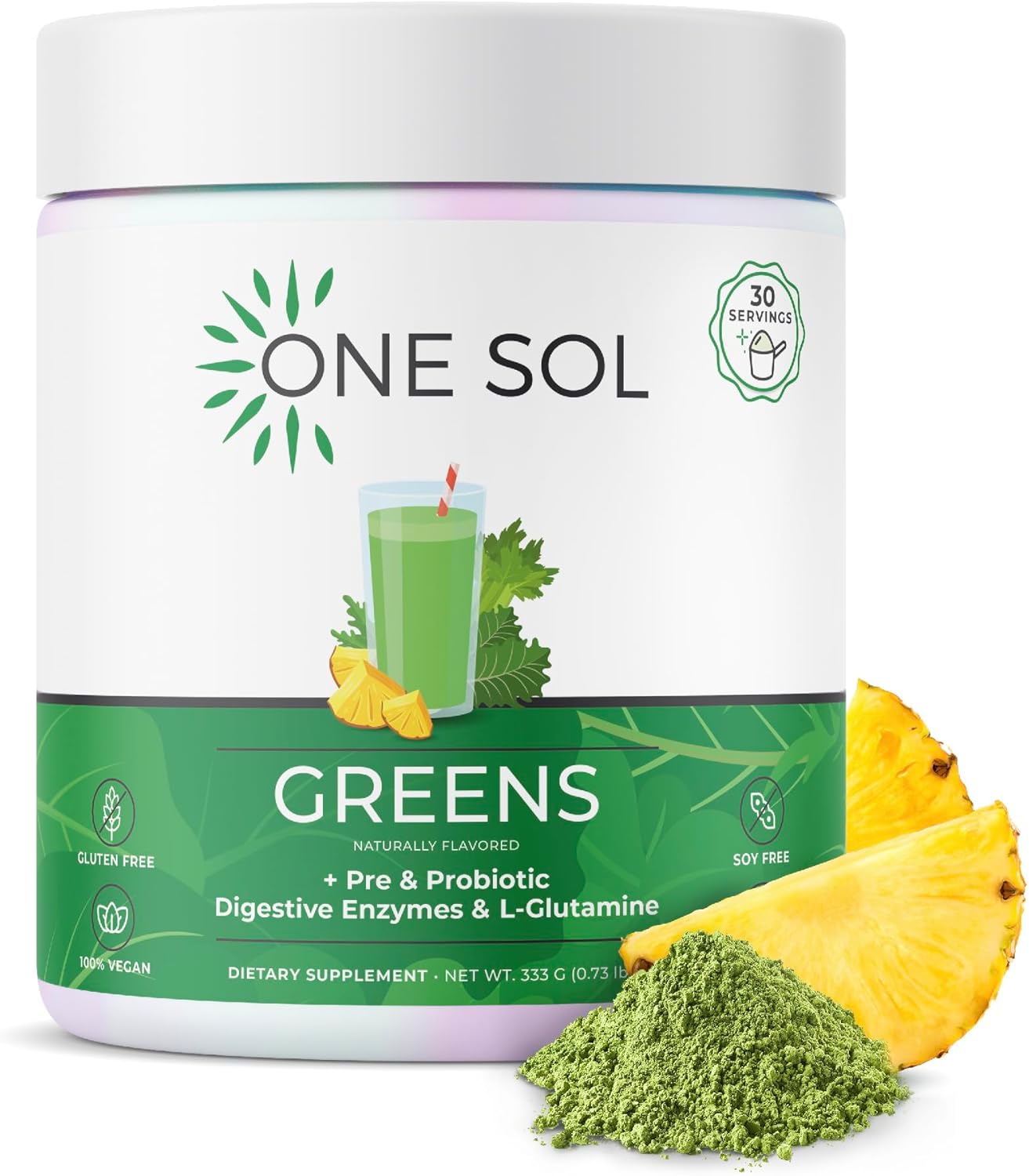 One Sol Greens, Super Greens Powder To Reduce Bloating & Improve Gut Health, Superfood Fresh Bloom Organic Greens Blend Juice & Smoothie Mix, Pre & Probiotic With Digestive Enzymes, Vegan & Soy Free