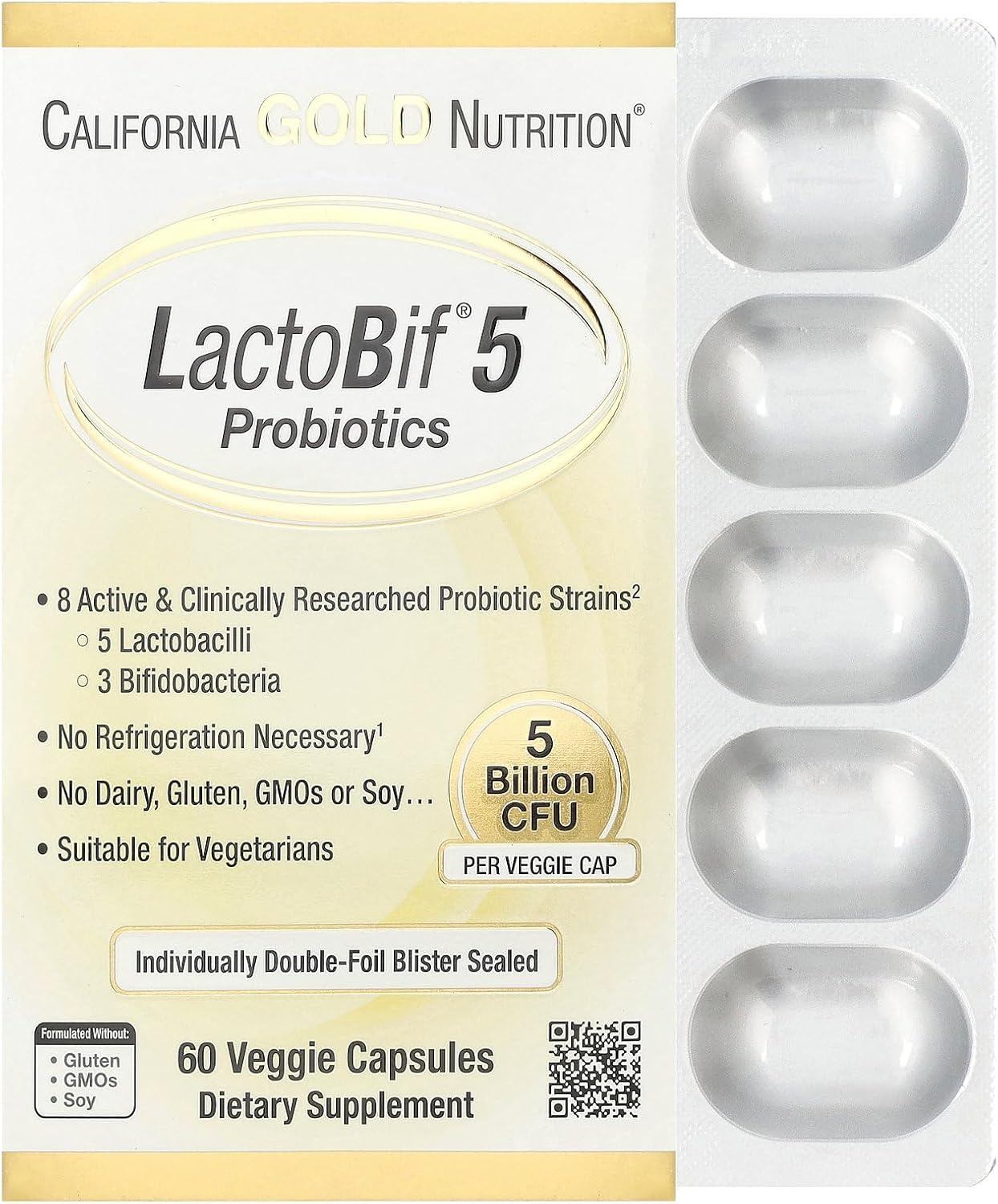 California Gold Nutrition Lactobif® 5 Probiotics, 5 Billion Cfu, 60 Veggie Capsules