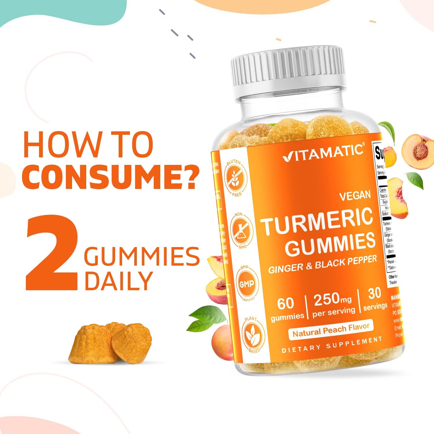 Vitamatic 2 Pack Turmeric Gummies with Ginger & Black Pepper Extract - 95% Curcuminoids - 60 Vegan Gummies : Health & Household