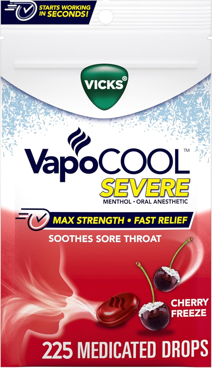 Vicks Vapocool Severe Medicated Sore Throat Drops, Fast-Acting Max Strength Relief, Soothes Sore Throat Pain Caused By Cough, Powerful Vicks Vapors, Menthol, Cherry Freeze, 225 Total (5 Packs Of 45)