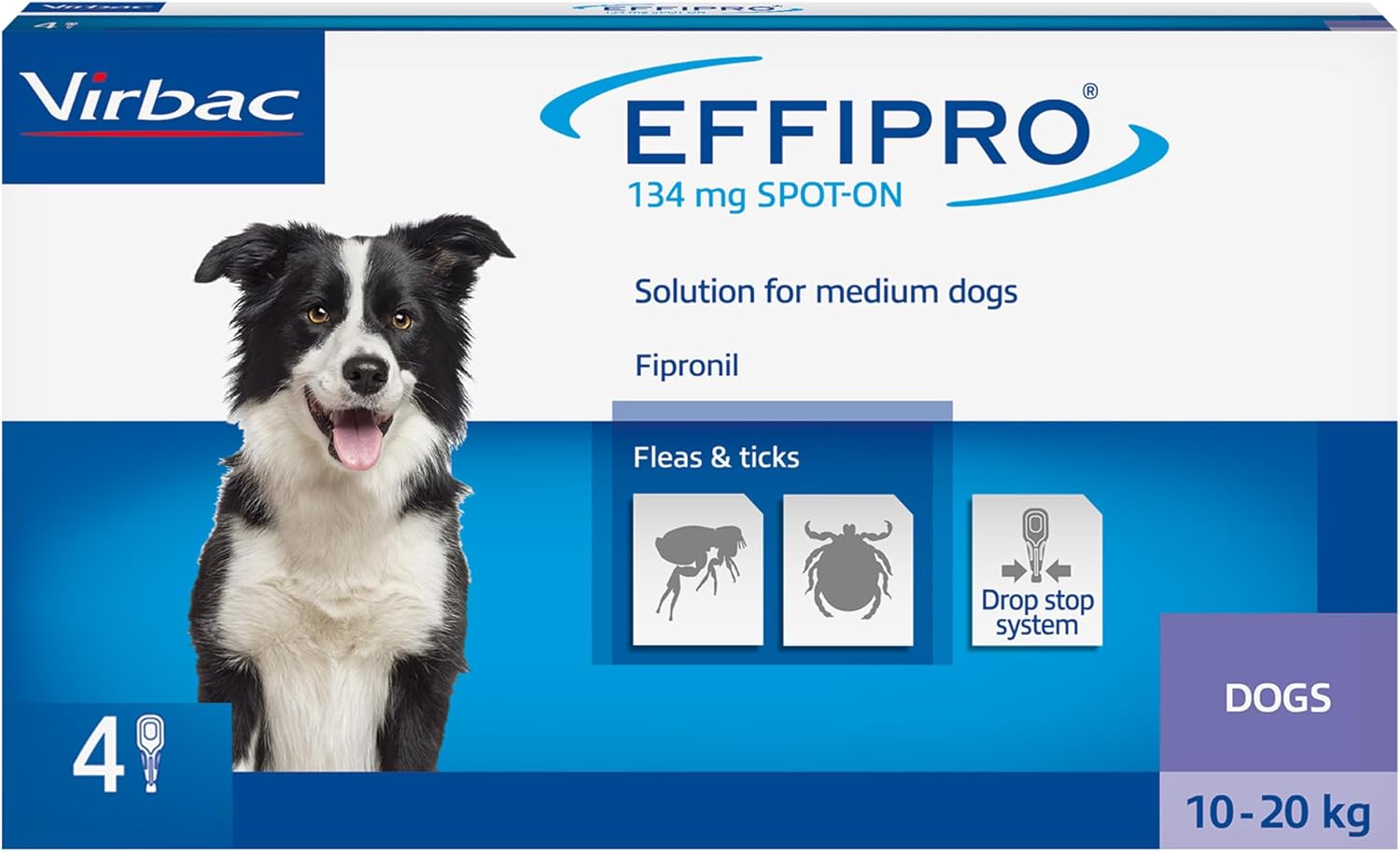 Effipro Flea & Tick Spot-On For Medium Dogs 10-20Kg | Fast-Acting | 4 Pipettes | Vet-Strength Formula | Easy To Apply