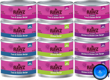 Rawz Natural Premium Canned Cat Wet Food Shredded -12 Pack Cans Variety Bundle Pack -4 Flavors - (Tuna & Salmon, Chicken & Liver, Tuna & Chicken, Chicken) With Hotspot Pets Food Bowl - (3Oz Cans)