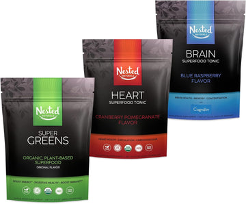 Nested Naturals Full Body and Mind Wellness Bundle, Support Gut Health, Heart Health, and Brain Health with Probiotic Super Greens Powder, Brain Boosting Lions Mane Mushroom Powder, and Blood Pressure