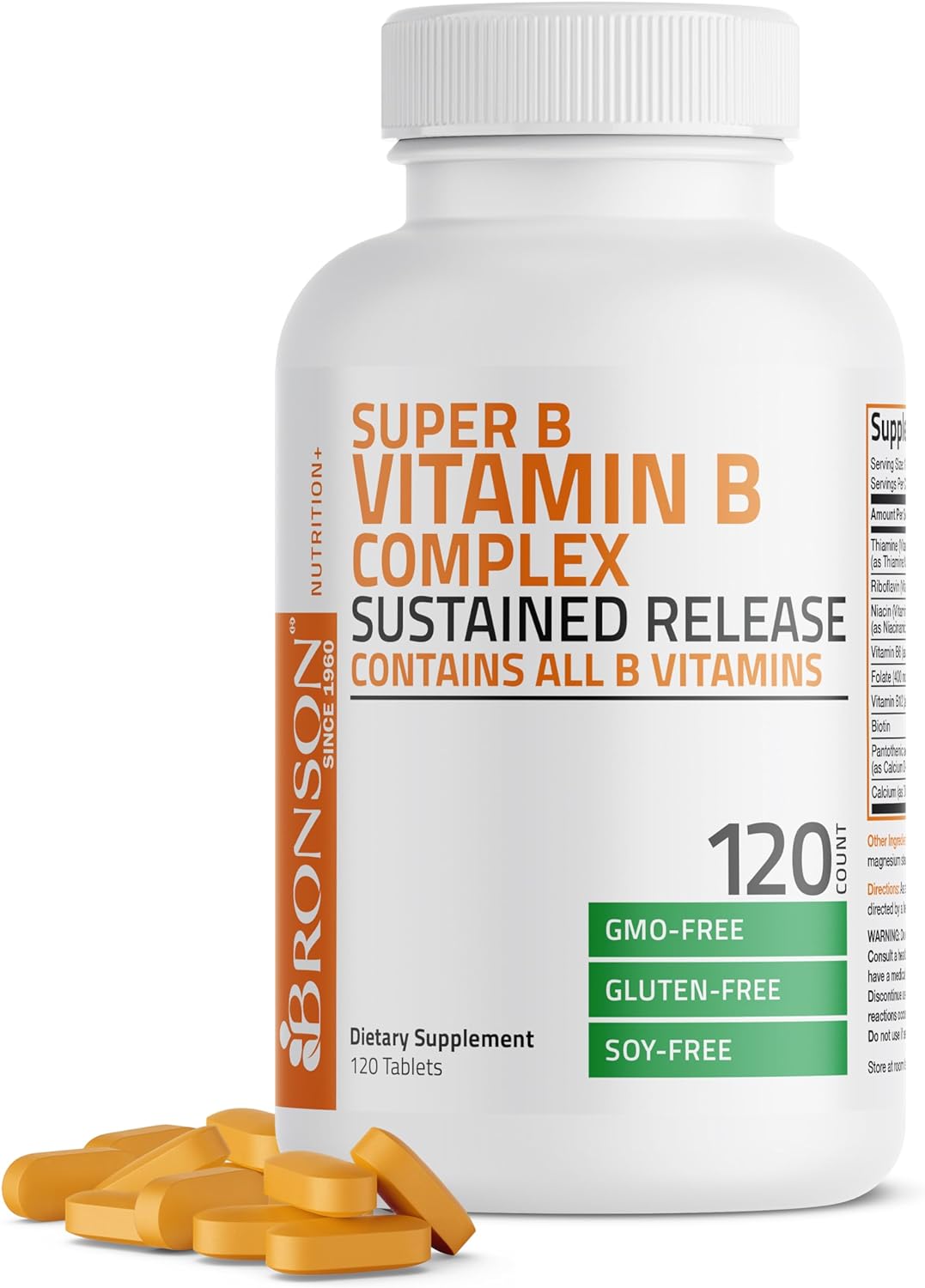 Bronson Super B Vitamin B Complex Sustained Slow Release (Vitamin B1, B2, B3, B6, B9 - Folic Acid, B12) Contains All B Vitamins 120 Tablets