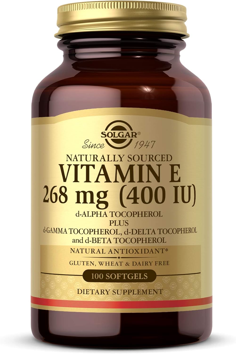 Solgar Vitamin E 268 Mg (400 Iu) (D-Alpha Tocopherol & Mixed Tocopherols), 100 Softgels - Supports Immune System & Skin Nutrition - Natural Antioxidant - Gluten Free, Dairy Free - 100 Servings