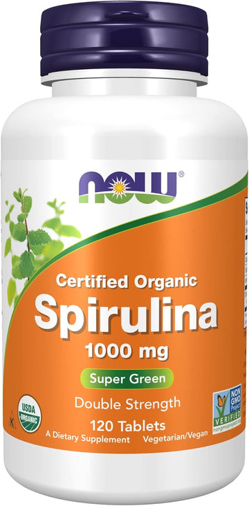 NOW Supplements, Certified Organic, Spirulina 1000 mg (Double Strength), Rich in Beta-Carotene (Vitamin A) and B-12 with naturally occurring GLA , 120 Tablets