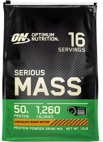 Optimum Nutrition Serious Mass, Weight Gainer Protein Powder, Mass Gainer, Vitamin C And Zinc For Immune Support, Creatine, Chocolate Peanut Butter, 12 Pound (Packaging May Vary)