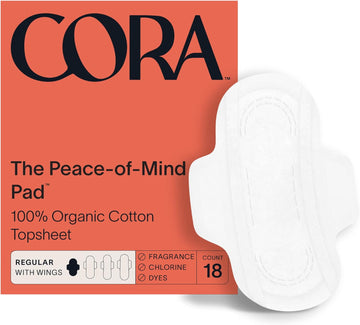 Cora Organic Pads | Ultra Thin Period Pads with Wings | Regular Absorbency | Ultra-Absorbent Sanitary Pads for Women | 100% Organic Cotton Topsheet (18 Count)